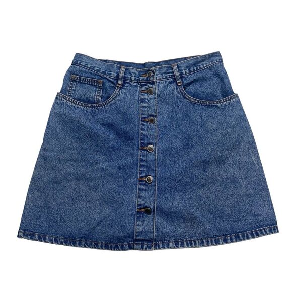 Vintage Bill Blass Button Front Denim Mini Skirt Blue Sz 12 - Picture 1 of 13